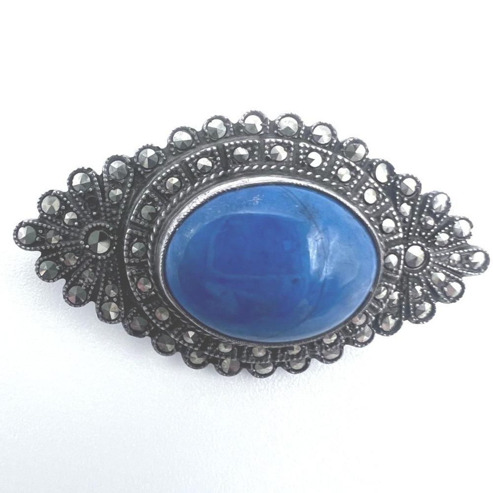 Vintage Sterling Silver Marcasite Brooch Dimensional Blue Cabochon 1.75X.75" 8g